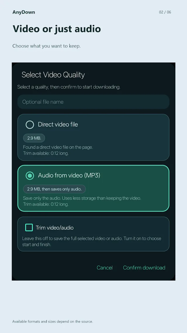 Choose video quality and audio format